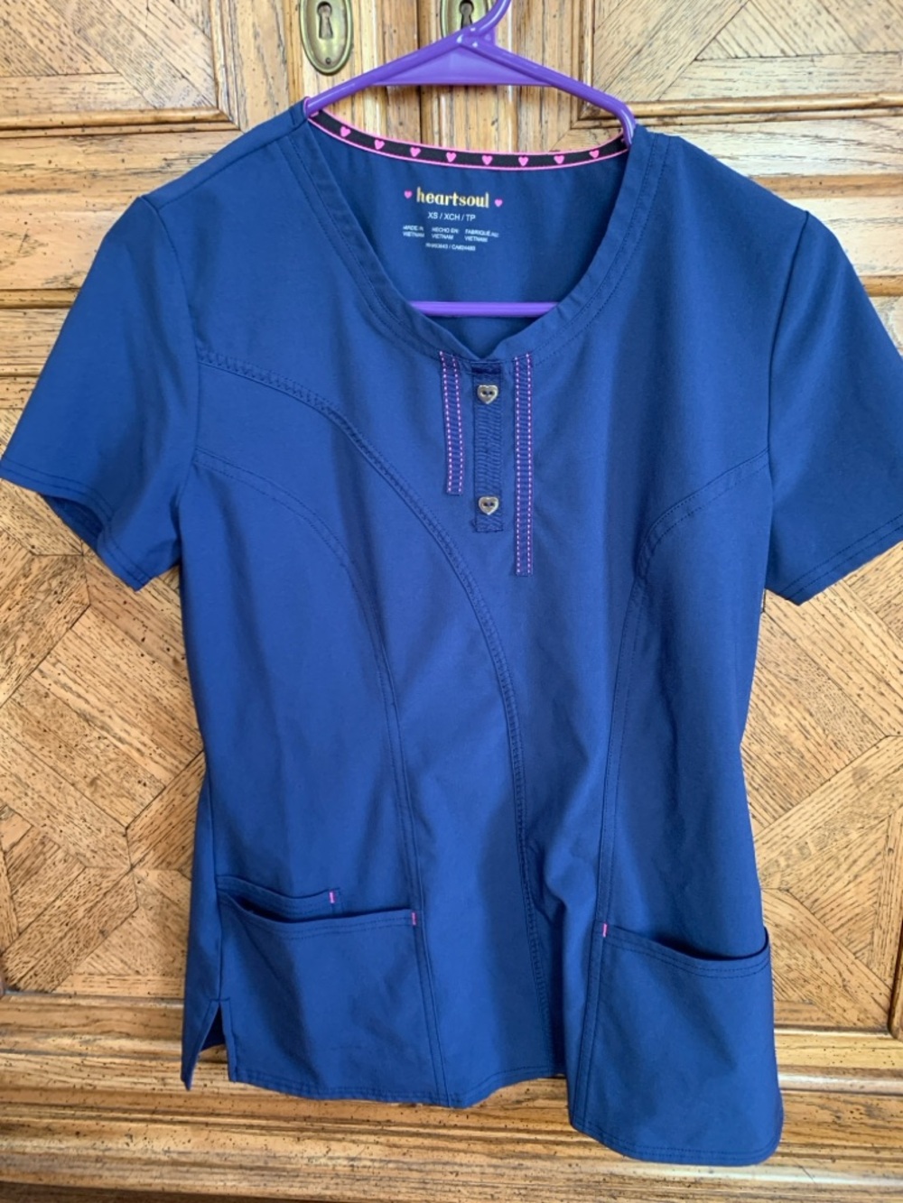 HeartSoul Navy Blue Short Sleeve Scrub Top with Pink Trim